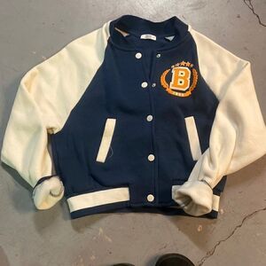 Blue and Cream Size Small Varsity Button Up Bomber Sweater